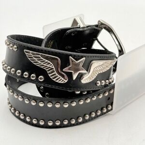 Mens Genuine Leather Studded Belt Black Silver Wing Star Biker Rocker 40 Moto